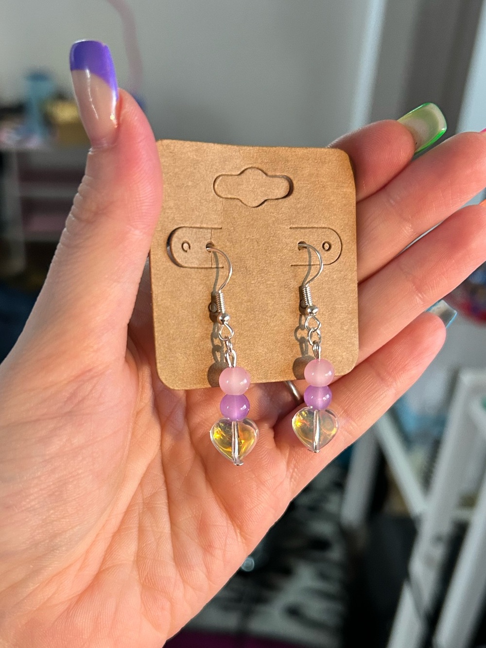 Handmade Purple and Pink Heart Dangle Earrings